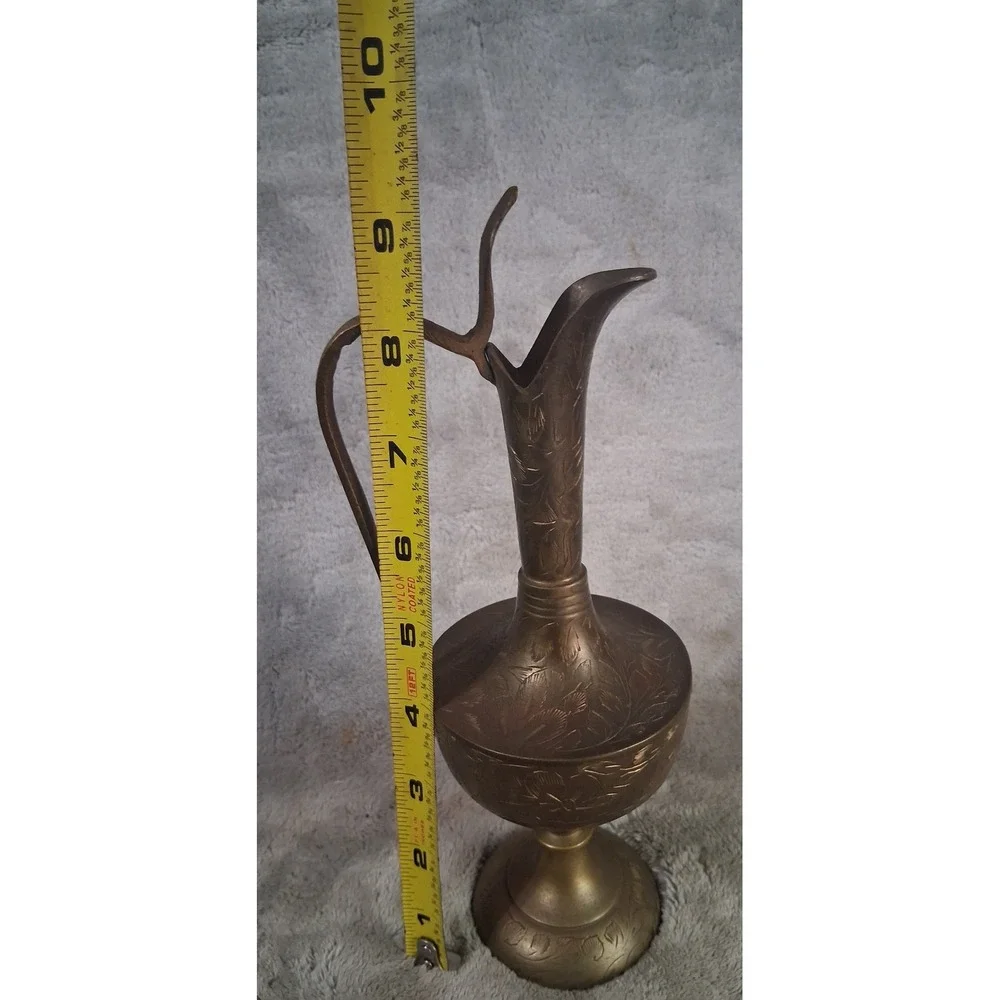 Vtg Etched Brass Pitcher Ewer Floral Hand Crafted India Aftaba Moorish Styl 9.5